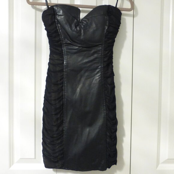 BEBE black ruched mesh and faux leather strapless tube dress - Picture 1 of 14